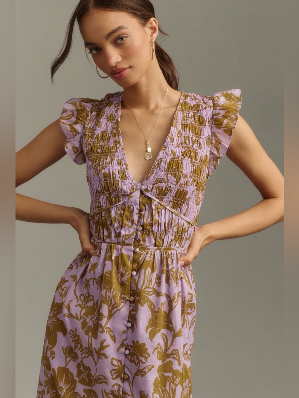 Anthropologie Peregrine Midi Dress Smocked Bodice V-Neck Button Front Pockets L - Picture 8 of 16